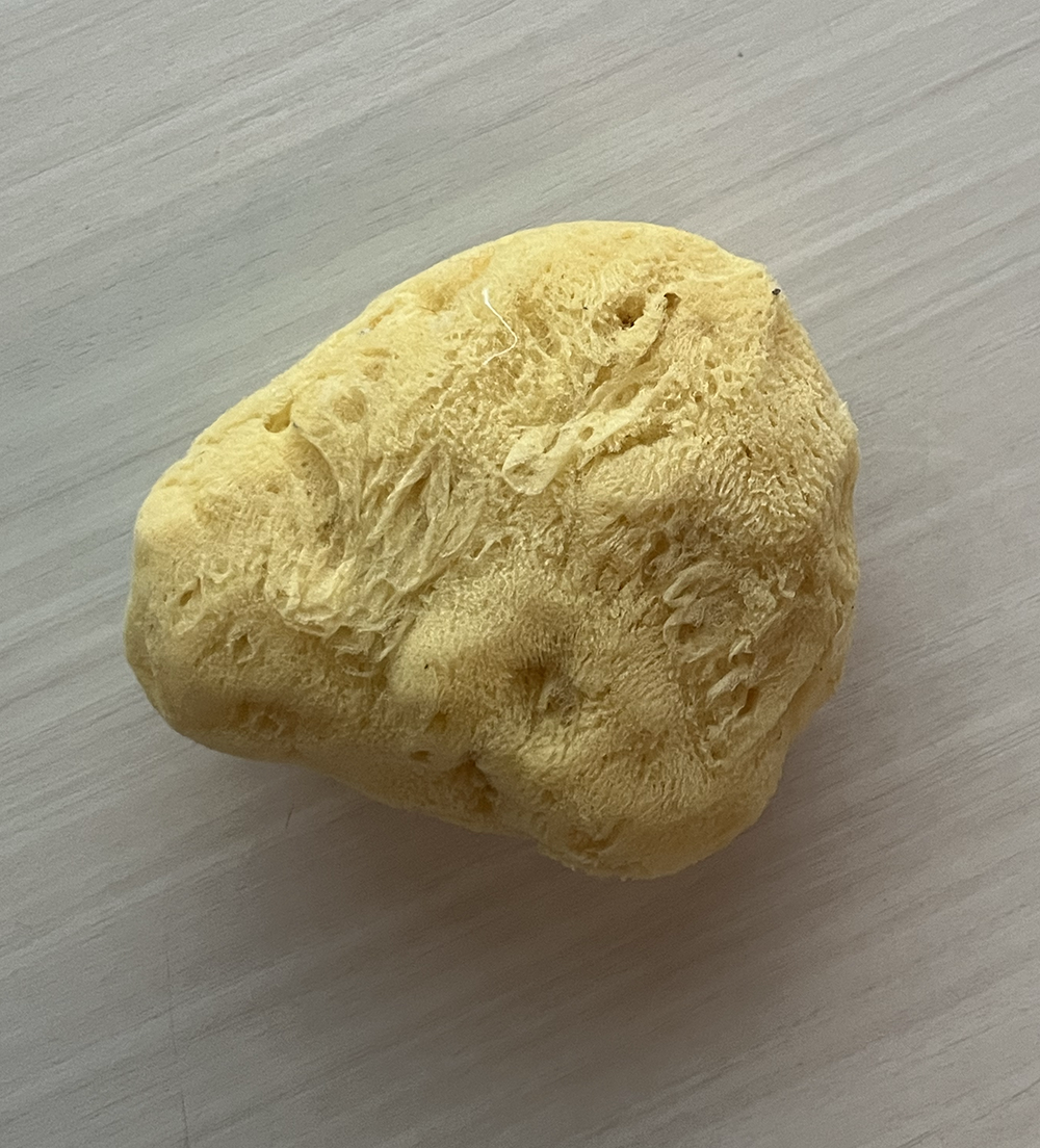 Sponge is soft, squishy, and flexible. It has rough surface with some holes on it, often used on cleaning sponges or craft items.