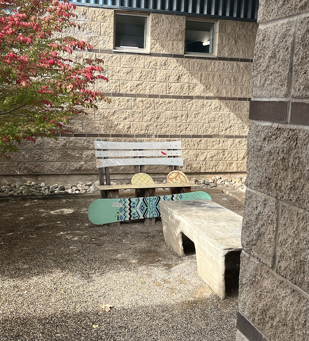 Sheridan College, chair outside AA wing for people to have a rest