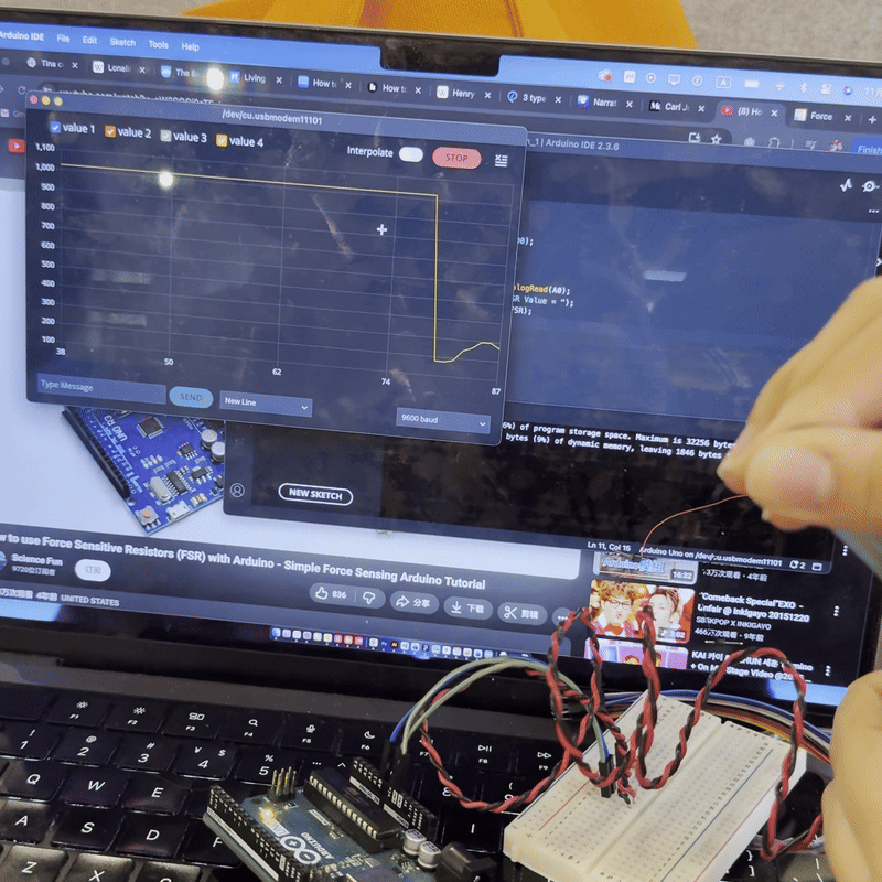 Showing through GIF to demonstrate how the force sensor will show the real time data when we are holding it and leaving it alone.